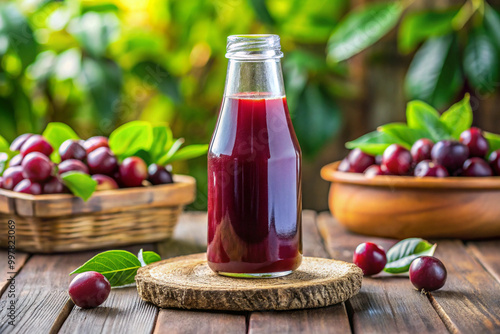 Fresh kokum juice in glass bottle surrounded by kokum fruits and green leaves, showcasing vibrant red color. This refreshing drink is perfect for summer photo