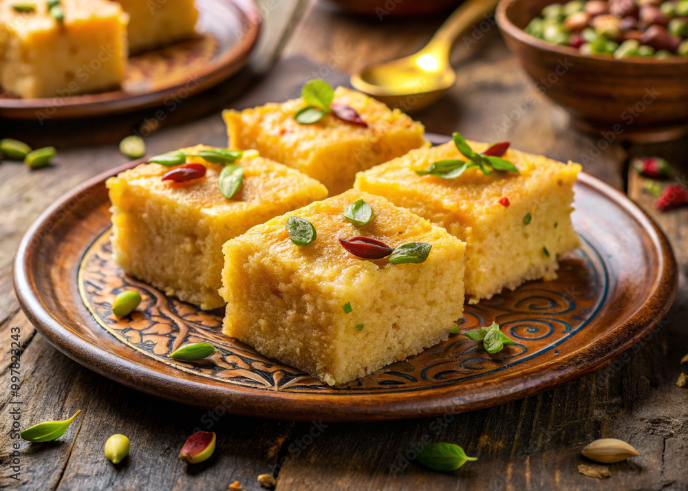 Delicious kalakand dessert squares topped with nuts and herbs, served on decorative plate. This sweet treat is perfect for celebrations and gatherings, offering delightful taste experience