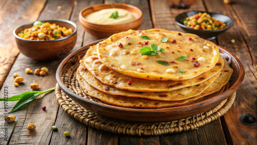 Delicious obbattu (holige) served on wooden platter, accompanied by vibrant side dishes. This traditional Indian sweet flatbread is perfect for festive occasions and family gatherings