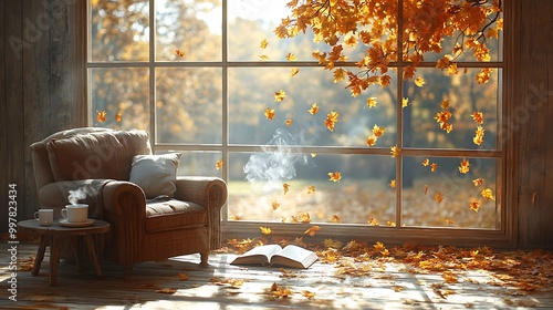 A rustic armchair beside a large window, with an open book and a steaming tea mug on the side table, framed by golden autumn leaves falling from a tree outside. photo