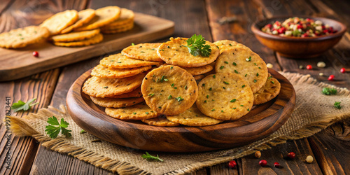 Crisp and golden brown mathri crackers seasoned with herbs, beautifully arranged on wooden plate, evoke sense of warmth and comfort. Perfect for snacking or serving at gatherings