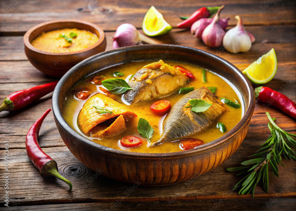 Delicious fish curry served in wooden bowl, garnished with fresh herbs and accompanied by spicy condiments. vibrant colors and rich textures create inviting and appetizing scene Delicious fish curry served in wooden bowl, garnished with fresh herbs and accompanied by spicy condiments. vibrant colors and rich textures create inviting and appetizing scene