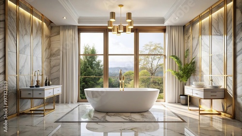 Elegant modern bathroom with white marble tiles featuring a freestanding bathtub and golden fixtures by a large window Reflected