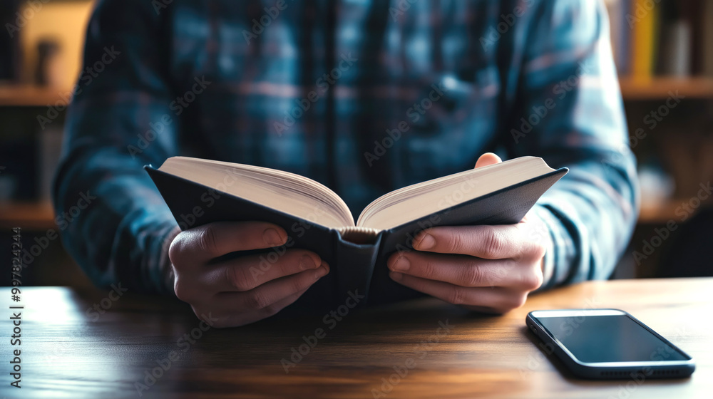 A man focuses on reading a book, emphasizing the benefits of disconnecting from digital devices. A smartphone rests on the table beside him A man focuses on reading a book, emphasizing the benefits of disconnecting from digital devices. A smartphone rests on the table beside him