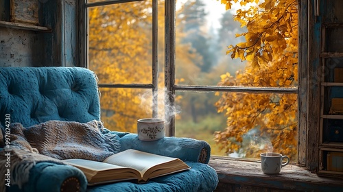 A rustic armchair in a reading room next to a wide window, an open book resting on the arm, with a steaming coffee cup nearby, overlooking a tree shedding golden leaves. photo