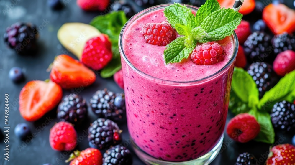 A vibrant fruit smoothie in a glass garnished with fresh berries and mint, offering a refreshing and healthy option for a warm day A vibrant fruit smoothie in a glass garnished with fresh berries and mint, offering a refreshing and healthy option for a warm day