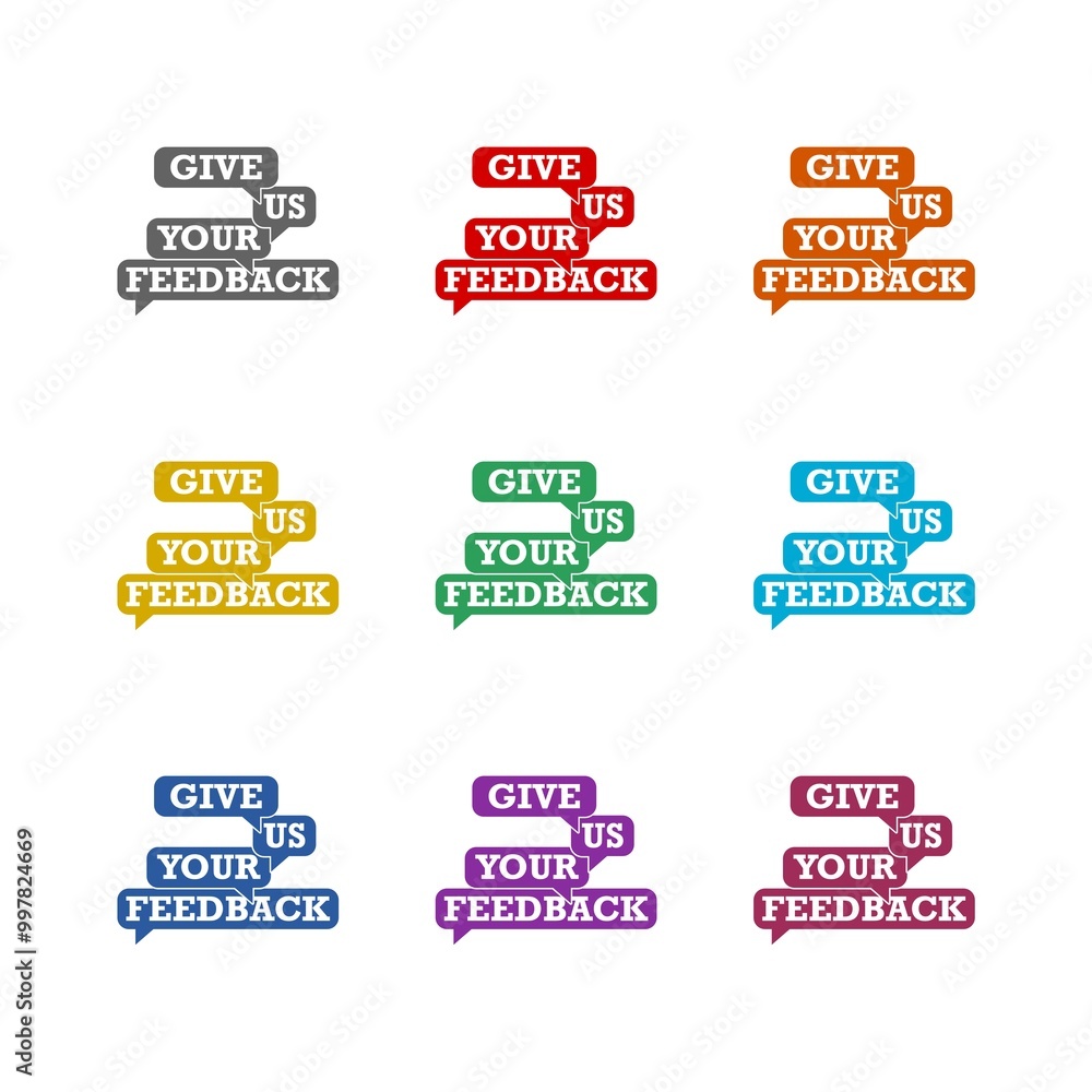 Obraz premium Give us your feedback speech bubbles icon isolated on white background. Set icons colorful