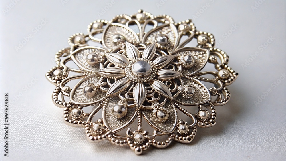 Fototapeta premium Elegant silver brooch with intricate details on white background