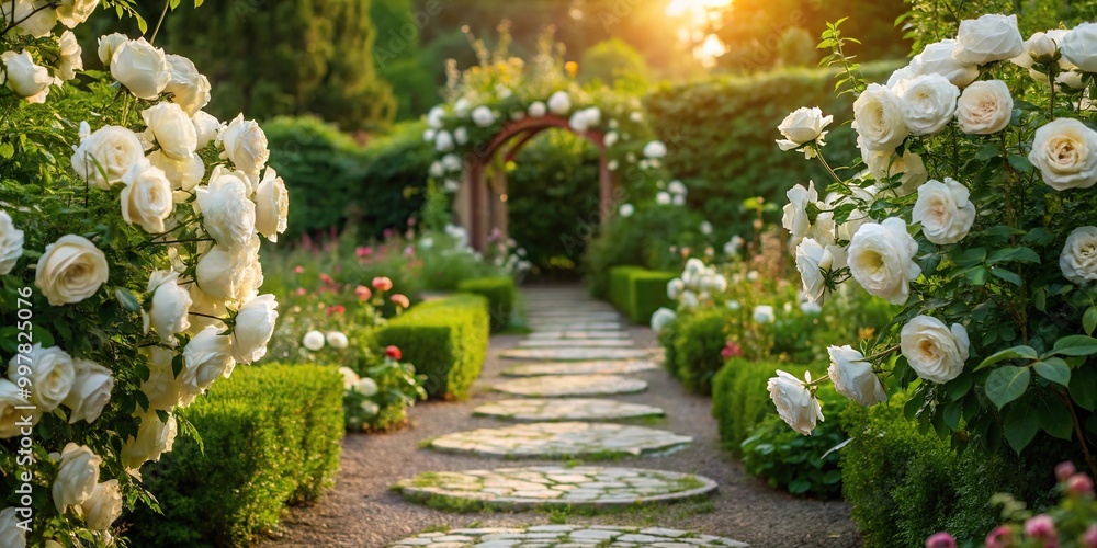 Elegant spring garden with white roses and a stone pathway Elegant spring garden with white roses and a stone pathway