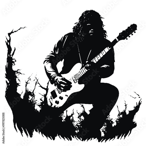 Guitar-Playing Bigfoot Silhouette Vector – Fun and Creative Music Illustration photo