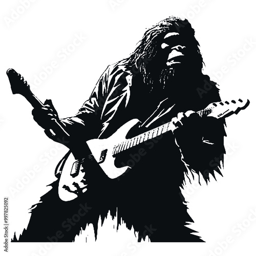 Guitar-Playing Bigfoot Silhouette Vector – Fun and Creative Music Illustration photo