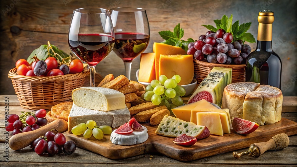 Elegant table setup with cheeses, wines, cold meats, grapes, and breads Elegant table setup with cheeses, wines, cold meats, grapes, and breads