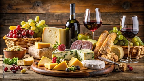 elegant table setting with cheeses wines cold meats grapes and breads photo