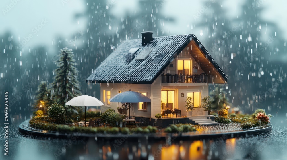 Fototapeta premium A model home with an umbrella over it, symbolizing home insurance, concept of Protection, created with Generative AI technology