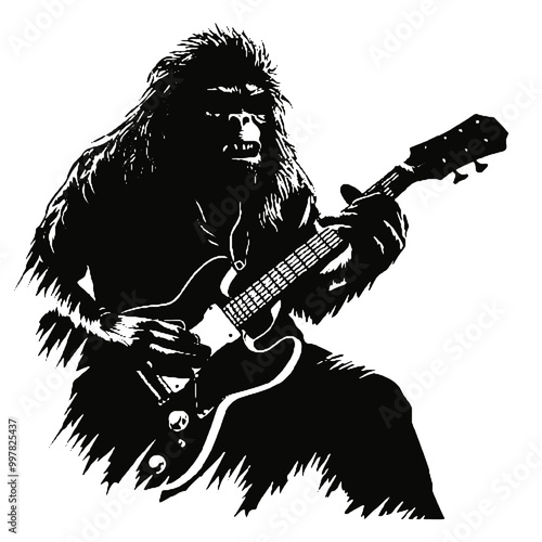 Silhouette of Bigfoot Strumming Guitar – Vector for Mythical and Music Designs photo