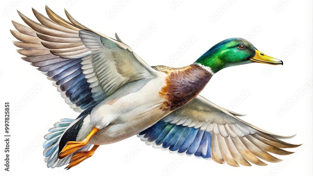 Elegant watercolor mallard flying overhead with clever composition Elegant watercolor mallard flying overhead with clever composition