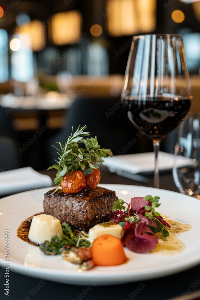 A gourmet meal being served at a private dining room, with a focus on exquisite presentation and delightful flavors. The at, Generative AI A gourmet meal being served at a private dining room, with a focus on exquisite presentation and delightful flavors. The at, Generative AI