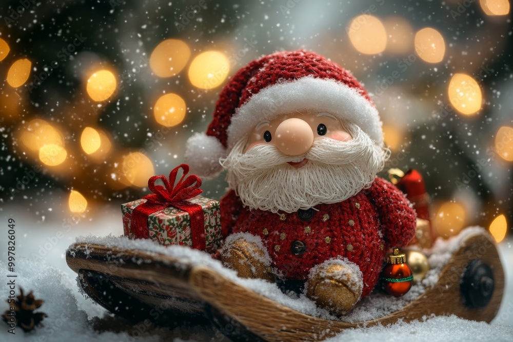 Christmas decoration with Santa Claus toy and gift box on bokeh background. Santa Claus on a small wooden sleigh with gifts. Christmas greeting card. Christmas decoration with Santa Claus toy and gift box on bokeh background. Santa Claus on a small wooden sleigh with gifts. Christmas greeting card.