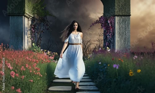 Eurydice, a nymph from Greek mythology, is shown in a peaceful setting wearing a flowing dress. She stands near tall grass and trees, looking graceful yet melancholic. photo