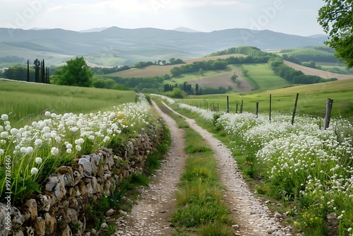 A serene rural pathway lined with white flowers, leading through lush green hills under a cloudy sky.