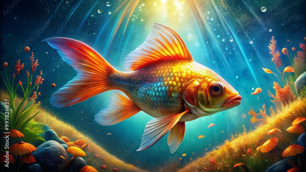 A radiant meteor goldfish glides effortlessly through a colorful underwater habitat, surrounded by lively corals and A radiant meteor goldfish glides effortlessly through a colorful underwater habitat, surrounded by lively corals and