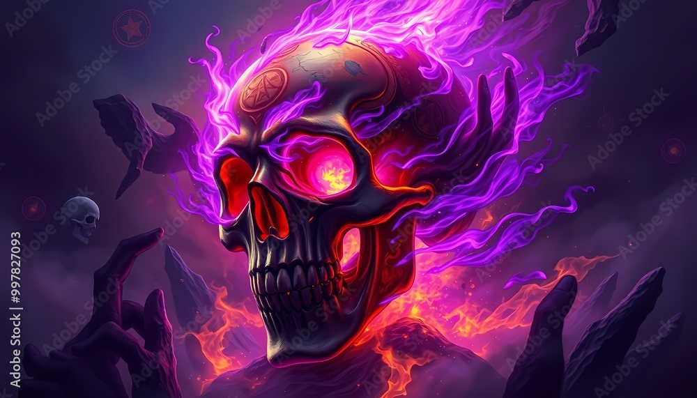 Molten Skull in Vibrant Purple Flames with Cosmic Mist and Glowing Embers in Dark Atmosphere Molten Skull in Vibrant Purple Flames with Cosmic Mist and Glowing Embers in Dark Atmosphere