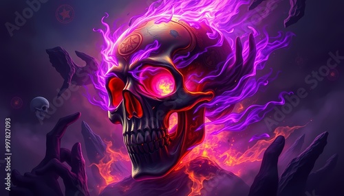 Molten Skull in Vibrant Purple Flames with Cosmic Mist and Glowing Embers in Dark Atmosphere