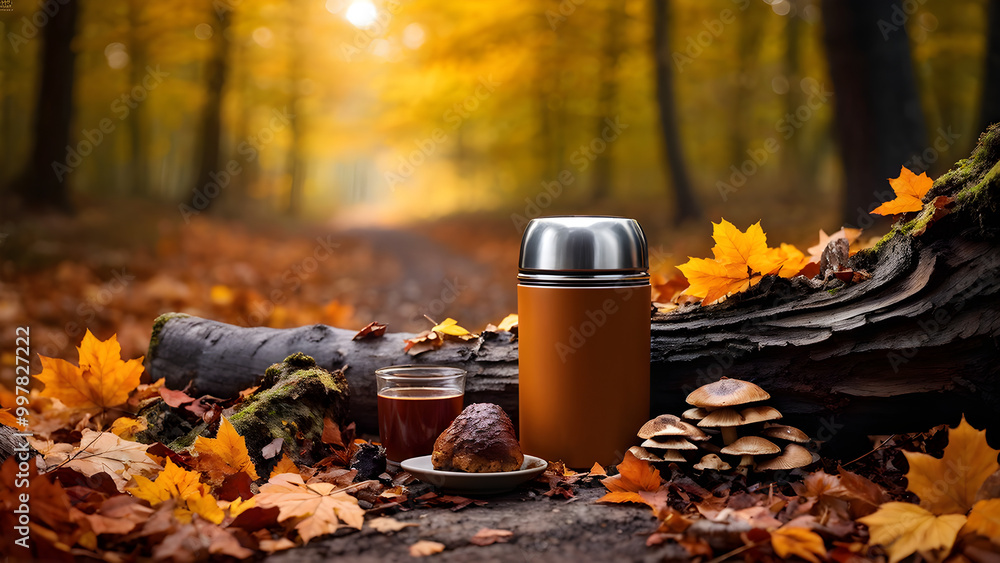 A scenic autumn forest path with a thermos of Chaga mushroom tea and a cup set on a fallen tree, leaves scattered around. A scenic autumn forest path with a thermos of Chaga mushroom tea and a cup set on a fallen tree, leaves scattered around.
