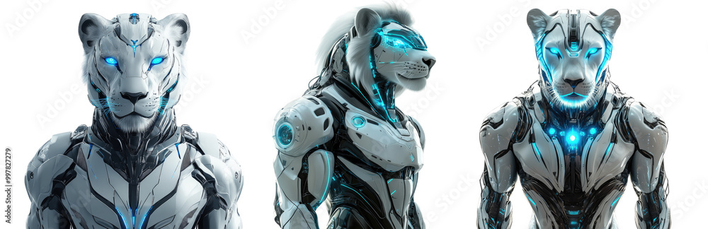 Set of futuristic cybernetic lion robots with glowing blue lights isolated on white background Set of futuristic cybernetic lion robots with glowing blue lights isolated on white background