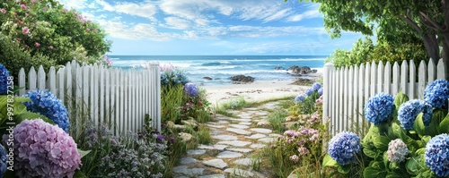 A coastal cottage garden with a white picket fence, hydrangeas, and a quaint stone pathway leading to a windswept beach
