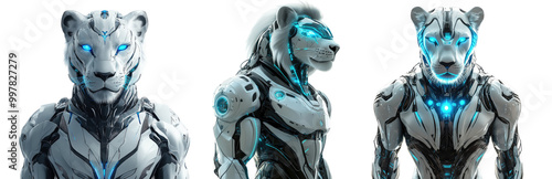 Set of futuristic cybernetic lion robots with glowing blue lights isolated on white background