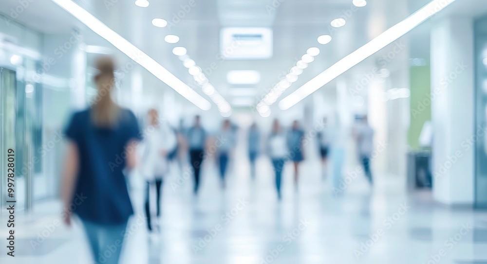 Blurred background of a modern hospital interior with people walking in the hall, a white color tone, blurred bokeh lights, blurred background of an office space Blurred background of a modern hospital interior with people walking in the hall, a white color tone, blurred bokeh lights, blurred background of an office space