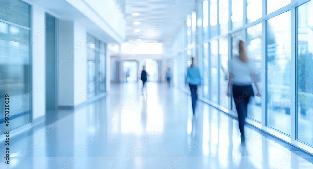 Blurred background of a modern hospital interior with white walls and glass windows, blurred people walking in the corridor Blurred background of a modern hospital interior with white walls and glass windows, blurred people walking in the corridor