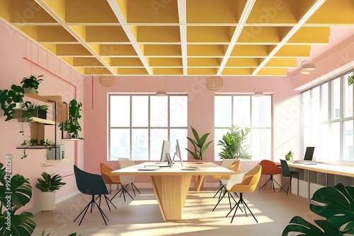 illustration of interior design of modern workspace with stylish box ceiling and wooden tables with chairs and potted plants indoors