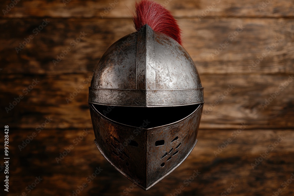 Obraz premium Ornate medieval knight's helmet with red plume