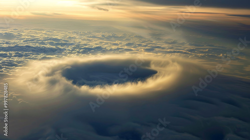 A stunning fallstreak hole appears in clouds, creating mesmerizing circular formation. ethereal beauty of this phenomenon captivates viewer. photo