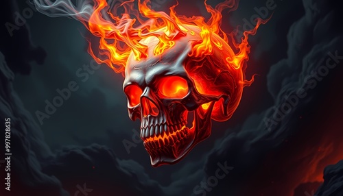 Molten Skull with Neon Orange Fire and Glowing Eyes in a Surreal World of Shadows and Cosmic Energy