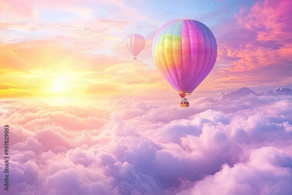 Obraz premium Hot Air Balloon Floating Above Clouds at Sunrise