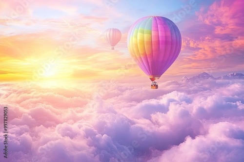 Hot Air Balloon Floating Above Clouds at Sunrise