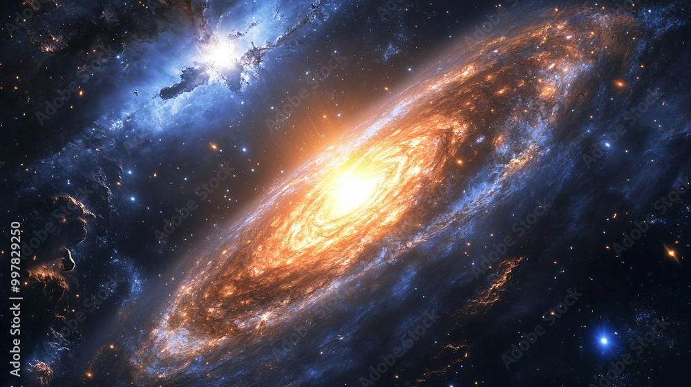 A spiral galaxy with a bright, fiery core and a nebula in the background. A spiral galaxy with a bright, fiery core and a nebula in the background.
