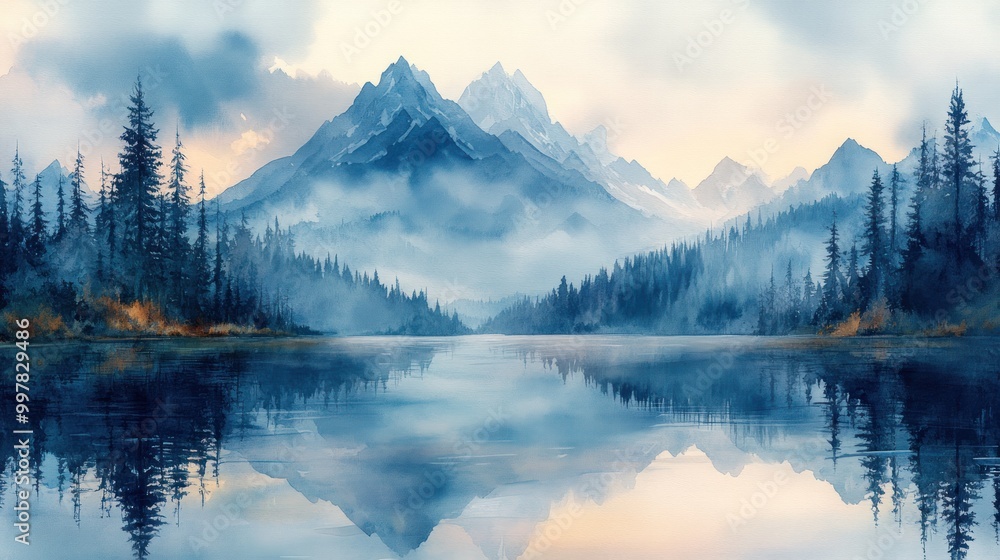 Serene mountain landscape with misty reflections in a tranquil lake. Serene mountain landscape with misty reflections in a tranquil lake.