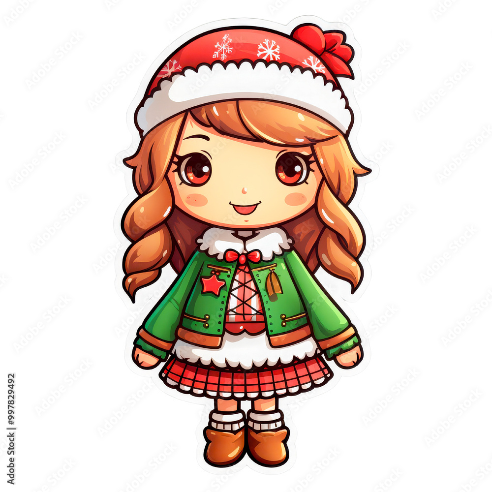 A cartoon illustration of a girl in a festive Christmas outfit, wearing a red hat and green jacket, with a cheerful expression A cartoon illustration of a girl in a festive Christmas outfit, wearing a red hat and green jacket, with a cheerful expression
