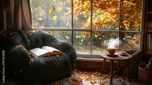 A soft armchair near a wide window, with an open book on the arm and a steaming tea cup on a side table, with golden leaves falling from a tree outside. The warm sunlight softly fills the room, photo