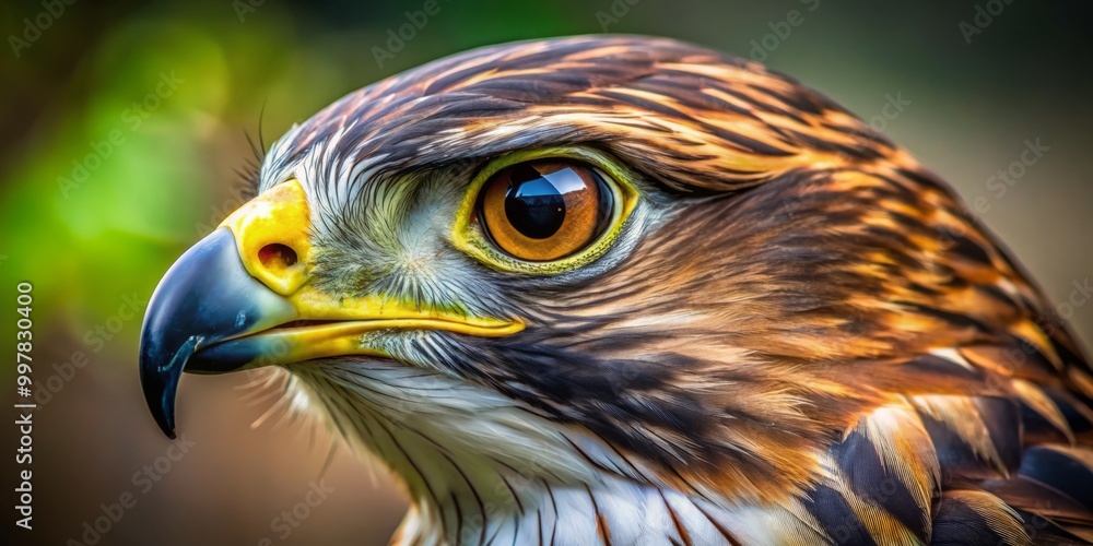 A striking close-up of a hawk's nose highlights the intricate details of its feathers and sharp beak as A striking close-up of a hawk's nose highlights the intricate details of its feathers and sharp beak as