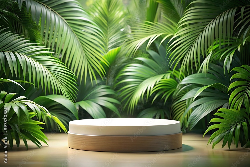 Empty round podium on tropical leaves background with forced perspective Empty round podium on tropical leaves background with forced perspective
