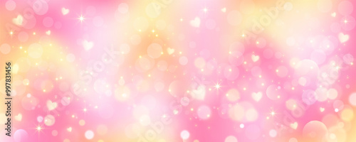 Pink gradient background. Orange and yellow mesh pastel backdrop. Peach warm blurry sky with heart stars and bokeh. Liquid fluid texture
