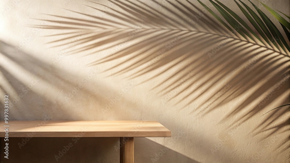 Empty table with shadows of palm leaves on beige wall background Empty table with shadows of palm leaves on beige wall background