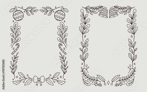 Christmas frame border background. cute illustration bell, flower lineart for coloring pages or invitation design