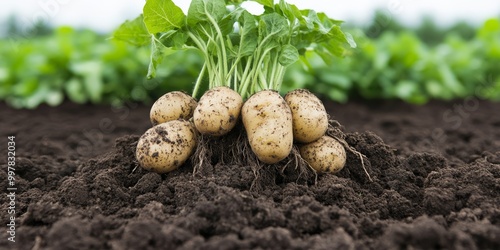 a closeup of a potato plant being pulled from the soil roots and all organic farming harvest season rural agriculture with rich Belarusian earth clinging to it showing the process of harvesting photo