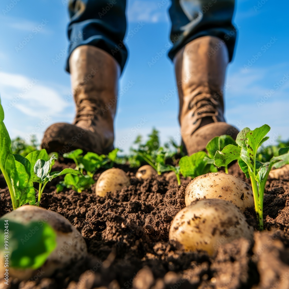 a detailed shot of freshly dug potatoes on the ground covered in soil organic vegetables rural farming freshly harvested with the boots of a farmer visible in the background symbolizing hard work and a detailed shot of freshly dug potatoes on the ground covered in soil organic vegetables rural farming freshly harvested with the boots of a farmer visible in the background symbolizing hard work and